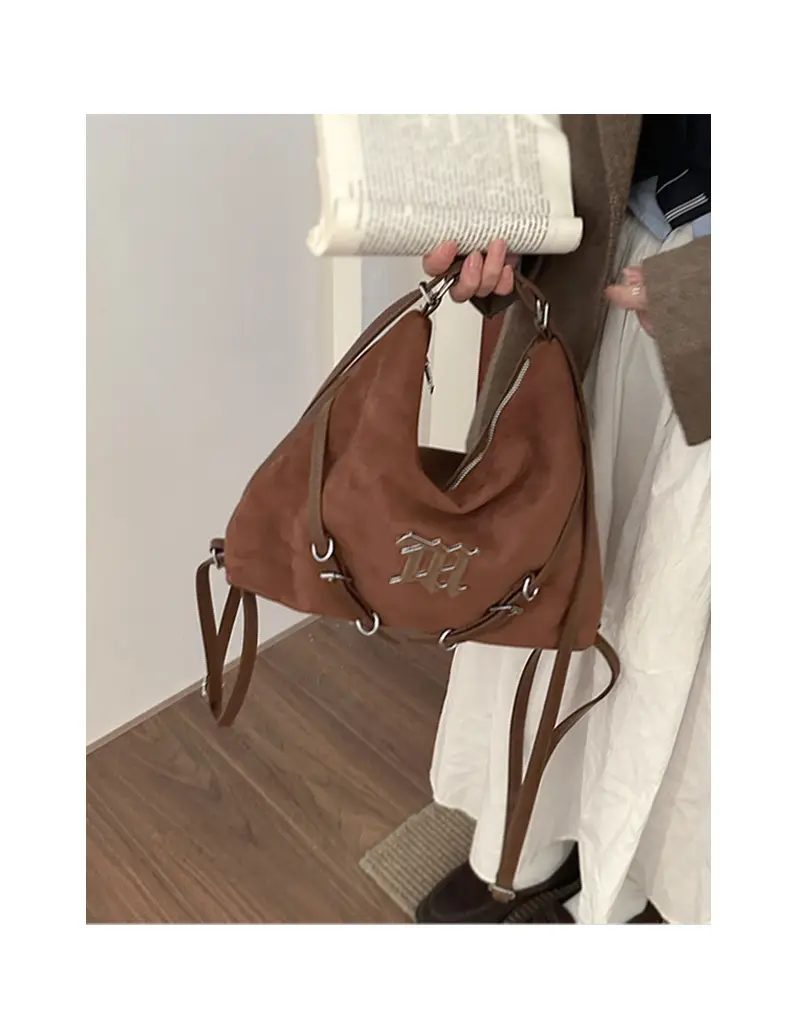 Women's Brown Leather Shoulder Tote Bag with Embroidered Logo — feature 5