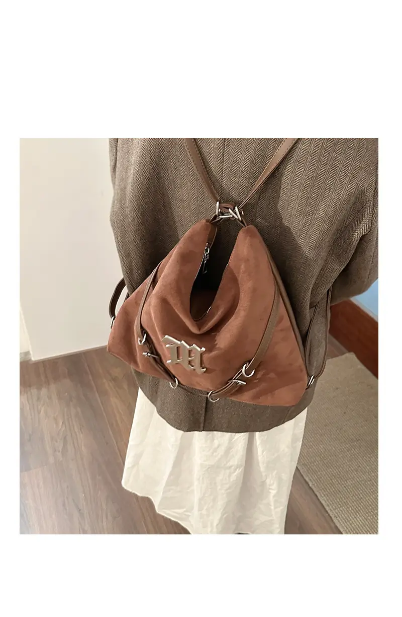 Women's Brown Leather Shoulder Tote Bag with Embroidered Logo — feature 8