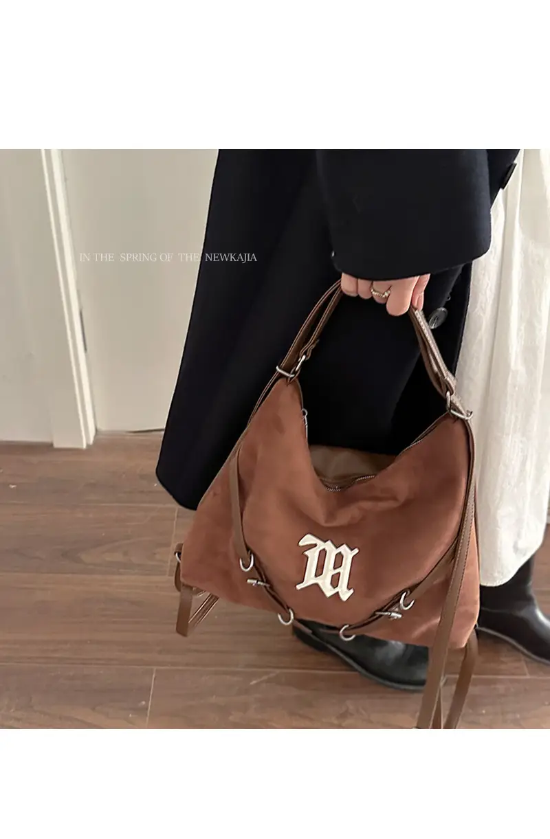 Women's Brown Leather Shoulder Tote Bag with Embroidered Logo — feature 9