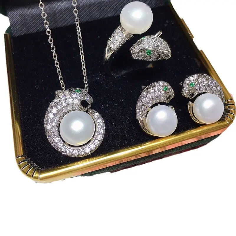 Three-Piece Pearl Necklace Set for Women with Emerald Accents - Image 6