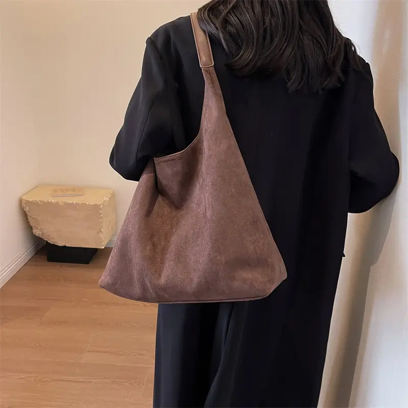 Women Retro Soft Suede Bucket Bag Large Capacity Black - Image 13