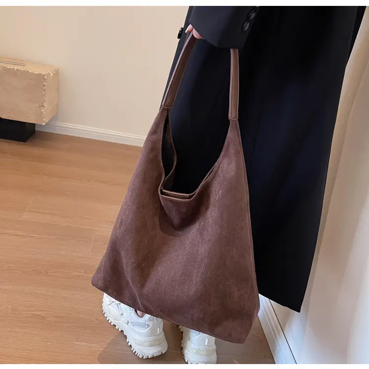 Women Retro Soft Suede Bucket Bag Large Capacity Black — feature 26