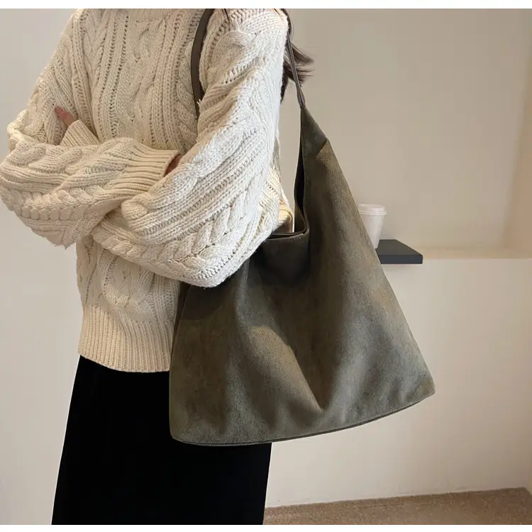 Women Retro Soft Suede Bucket Bag Large Capacity Black — feature 36