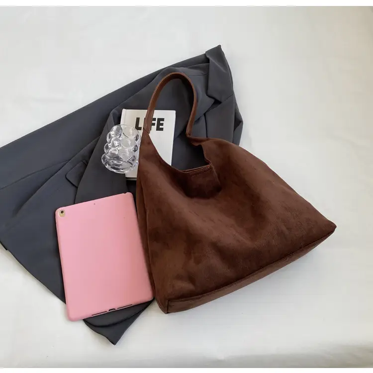 Women Retro Soft Suede Bucket Bag Large Capacity Black — feature 48