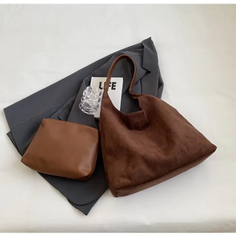 Women Retro Soft Suede Bucket Bag Large Capacity Black — feature 50