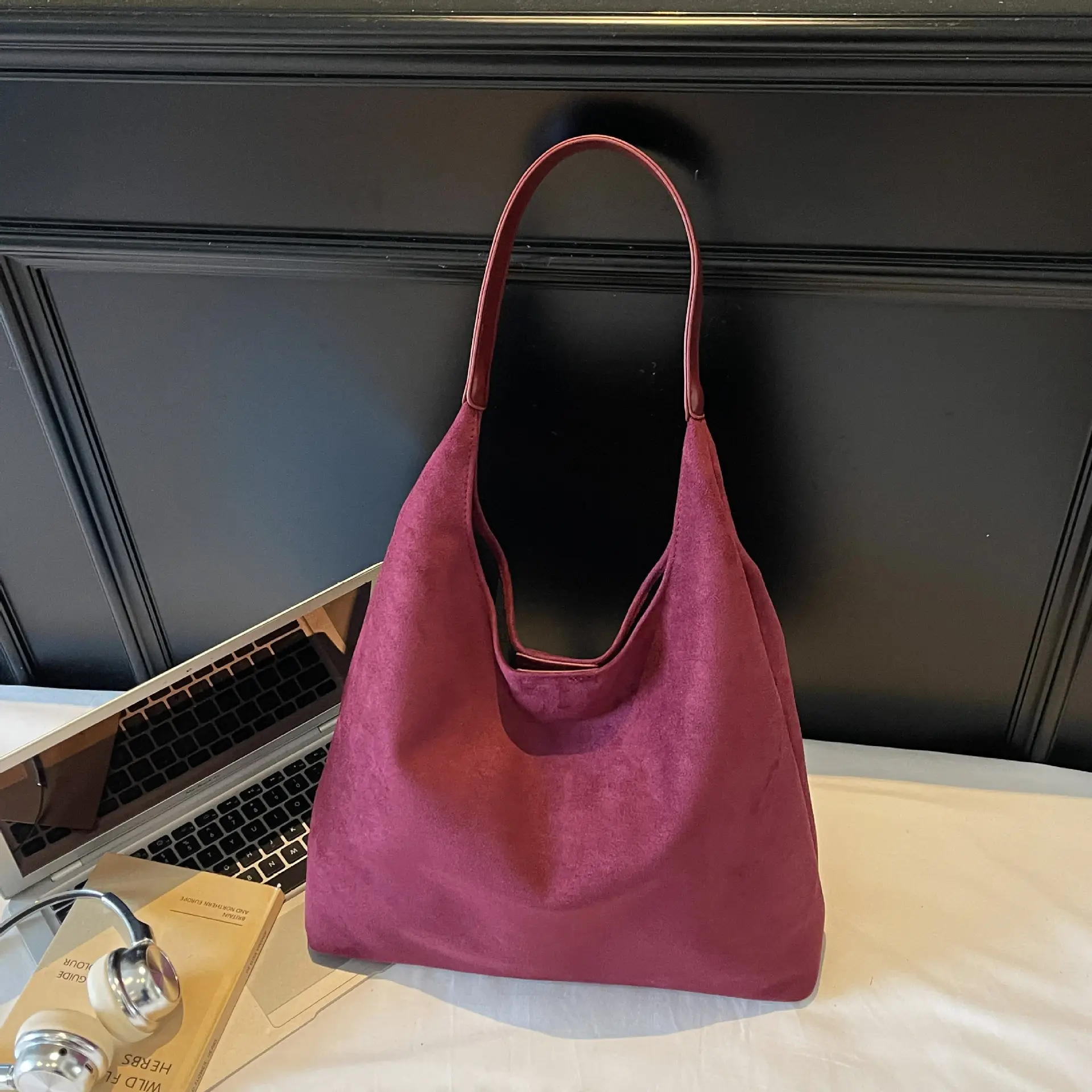Women Retro Soft Suede Bucket Bag Large Capacity Black - Image 9
