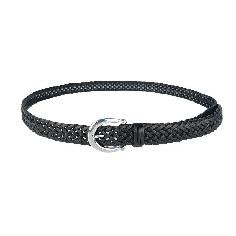 Women's Black Woven Belt with Silver Buckle - Image 9