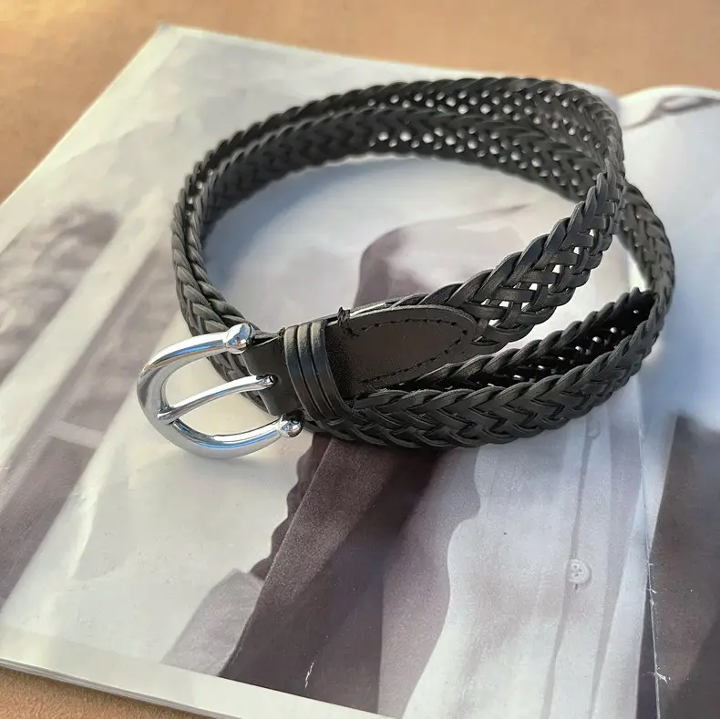 Women's Black Woven Belt with Silver Buckle — feature 8