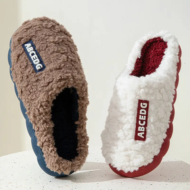 Winter outdoor online celebrity couple plush letter cotton slippers women's poop feeling indoor home home thick bottom cotton slippers