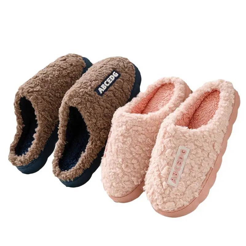 Winter outdoor online celebrity couple plush letter cotton slippers women's poop feeling indoor home home thick bottom cotton slippers