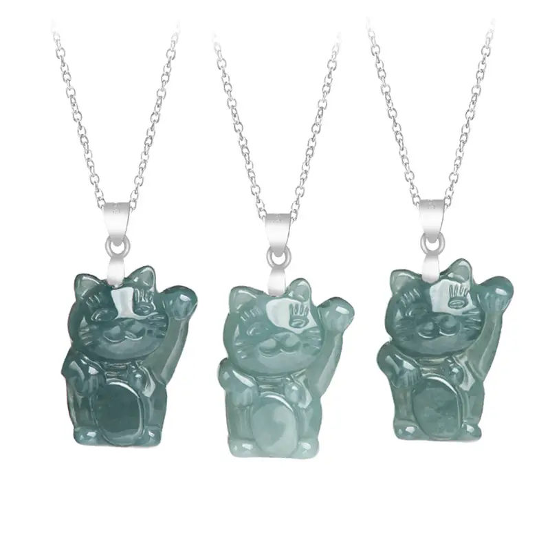 Natural Jade Blue Lucky Cat Pendant S925 Silver - Image 2