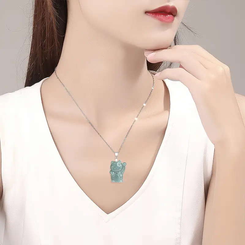 Natural Jade Blue Lucky Cat Pendant S925 Silver - Image 4