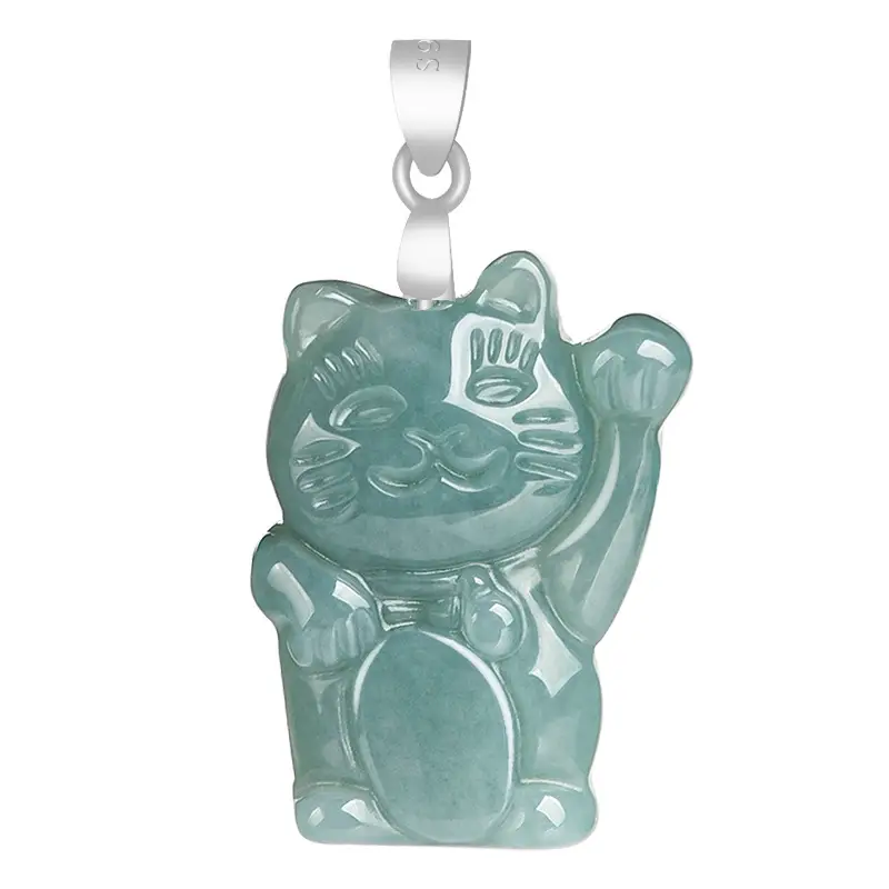 Natural Jade Blue Lucky Cat Pendant S925 Silver - Image 5