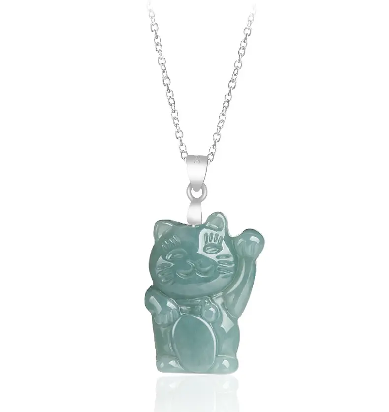Natural Jade Blue Lucky Cat Pendant S925 Silver — feature 2