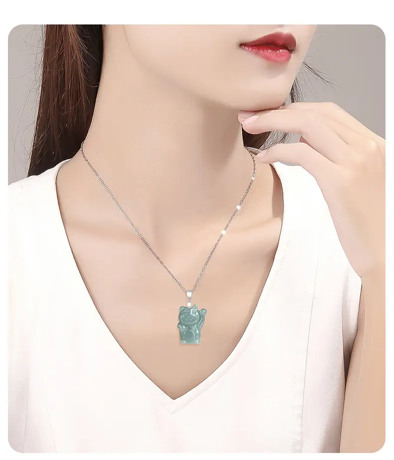 Natural Jade Blue Lucky Cat Pendant S925 Silver — feature 4