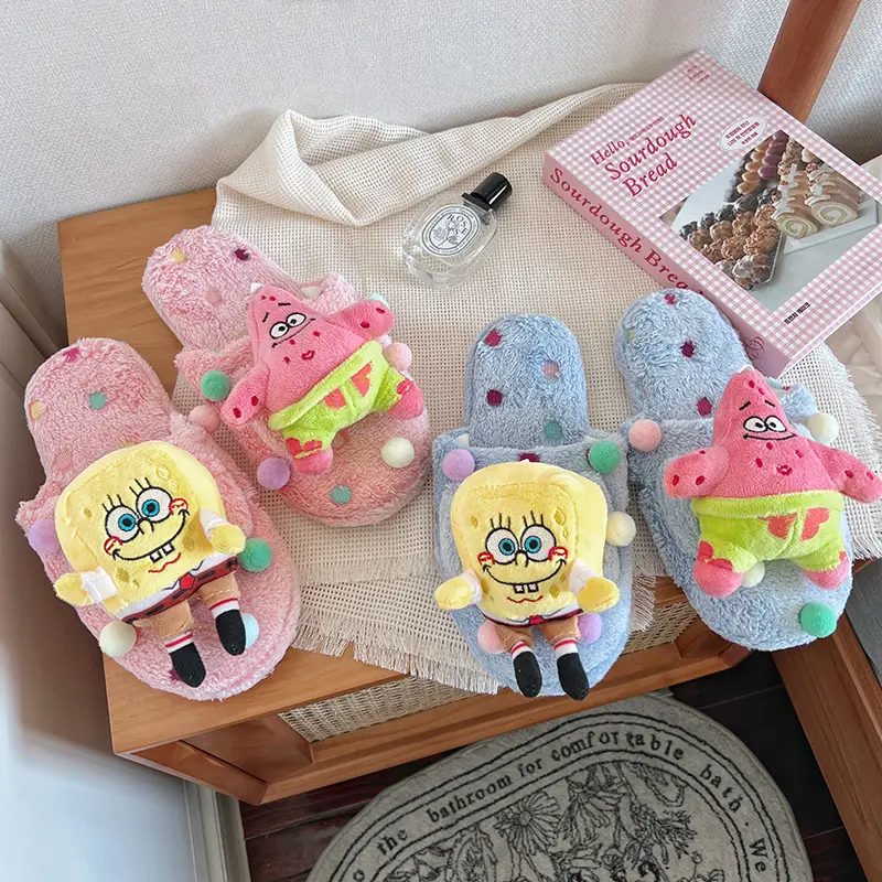 New cute Internet celebrity doll cartoon plush polka dot slippers women's warm soft bottom closed toe home casual cotton slippers