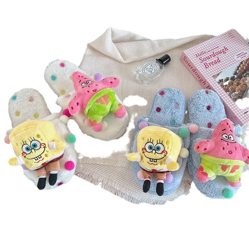 New cute Internet celebrity doll cartoon plush polka dot slippers women's warm soft bottom closed toe home casual cotton slippers