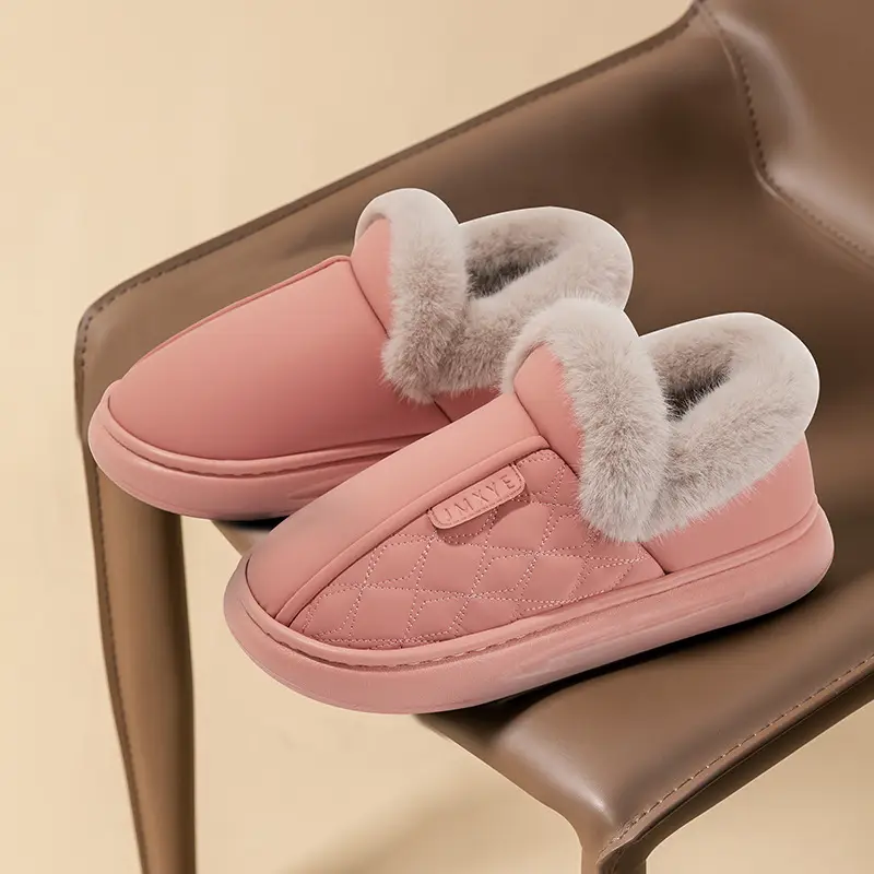 Waterproof cotton slippers women's bag with winter home indoor thickened fleece-lined high-top pu leather warm cotton shoes for the elderly - Image 9