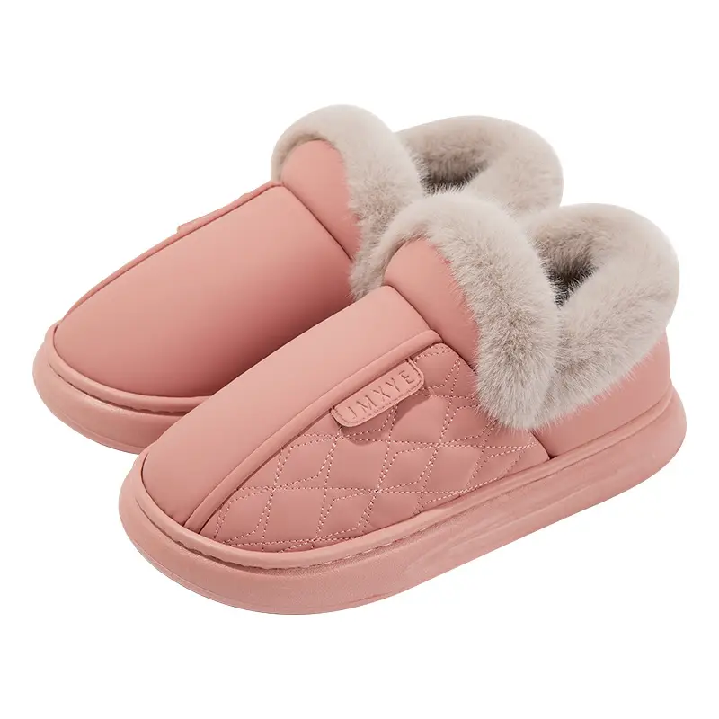Waterproof cotton slippers women's bag with winter home indoor thickened fleece-lined high-top pu leather warm cotton shoes for the elderly - Image 12