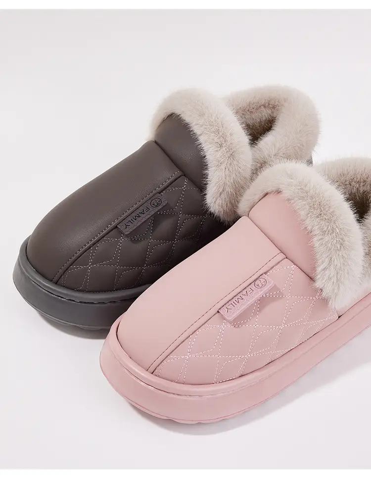 Waterproof cotton slippers women's bag with winter home indoor thickened fleece-lined high-top pu leather warm cotton shoes for the elderly — feature 15