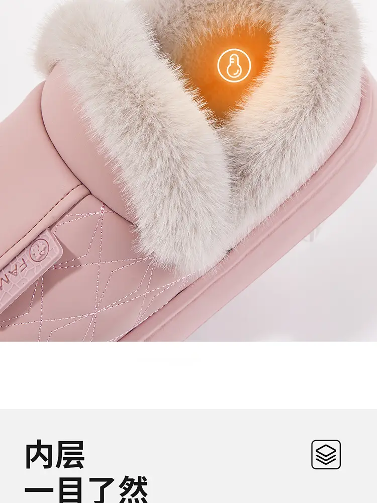 Waterproof cotton slippers women's bag with winter home indoor thickened fleece-lined high-top pu leather warm cotton shoes for the elderly — feature 9