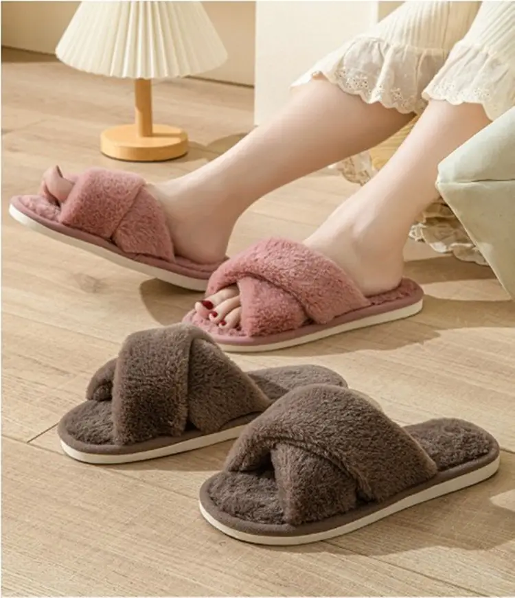 Autumn and winter solid color cross new cotton slippers fashion home ladies plush warm cross-border sales cotton slippers — feature 7