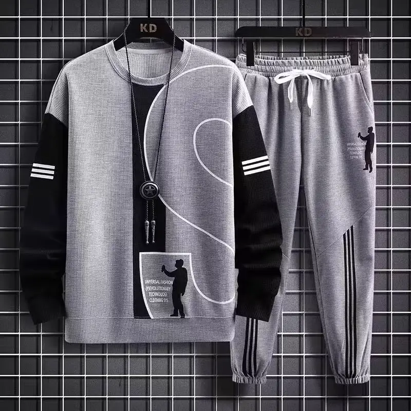 Men Waffle Track Suit Grey Black Plus Size Casual Sports