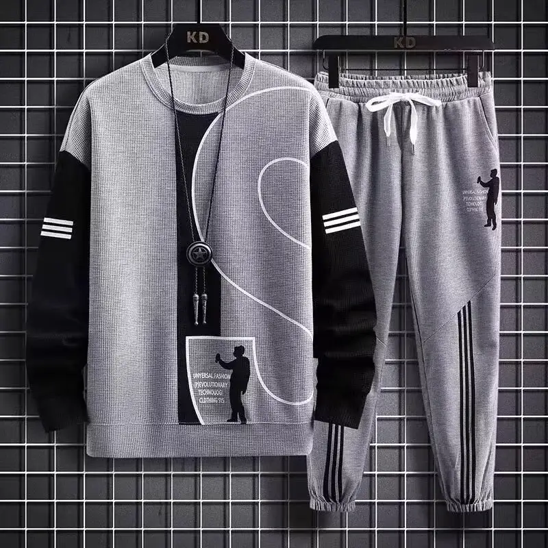 Men Waffle Track Suit Grey Black Plus Size Casual Sports — feature 14