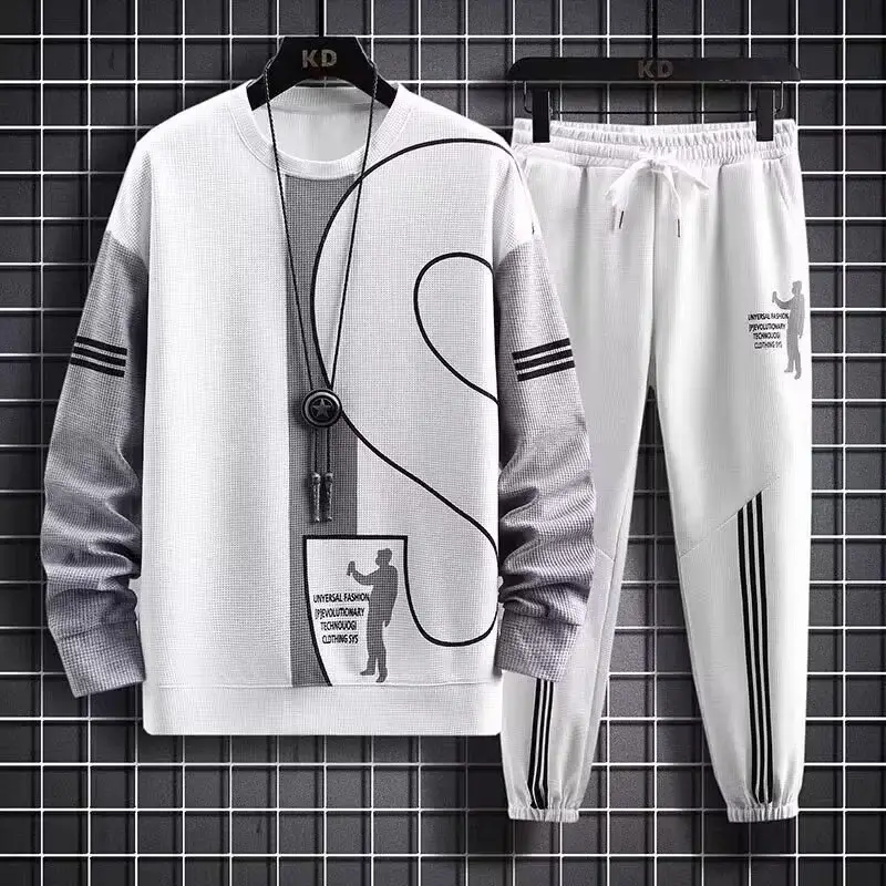 Men Waffle Track Suit Grey Black Plus Size Casual Sports — feature 15
