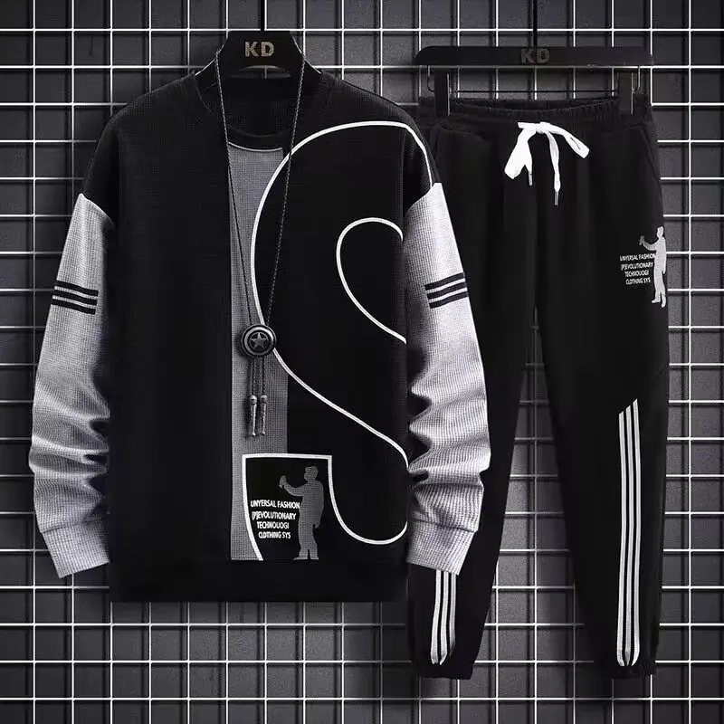 Men Waffle Track Suit Grey Black Plus Size Casual Sports — feature 6