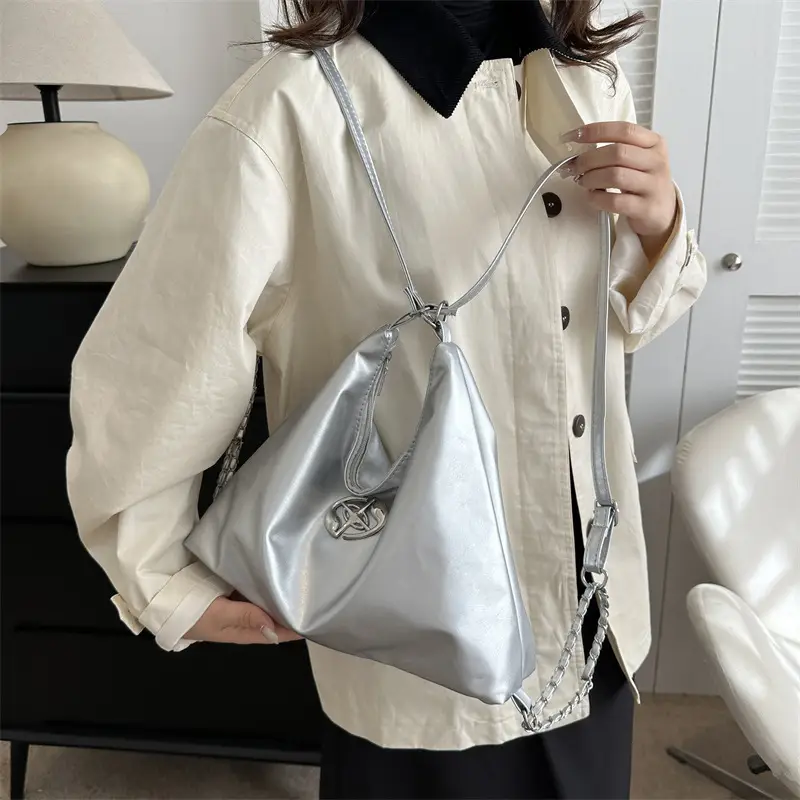 Women's Silver Shoulder Bag with Button Front 2023 Winter — feature 18