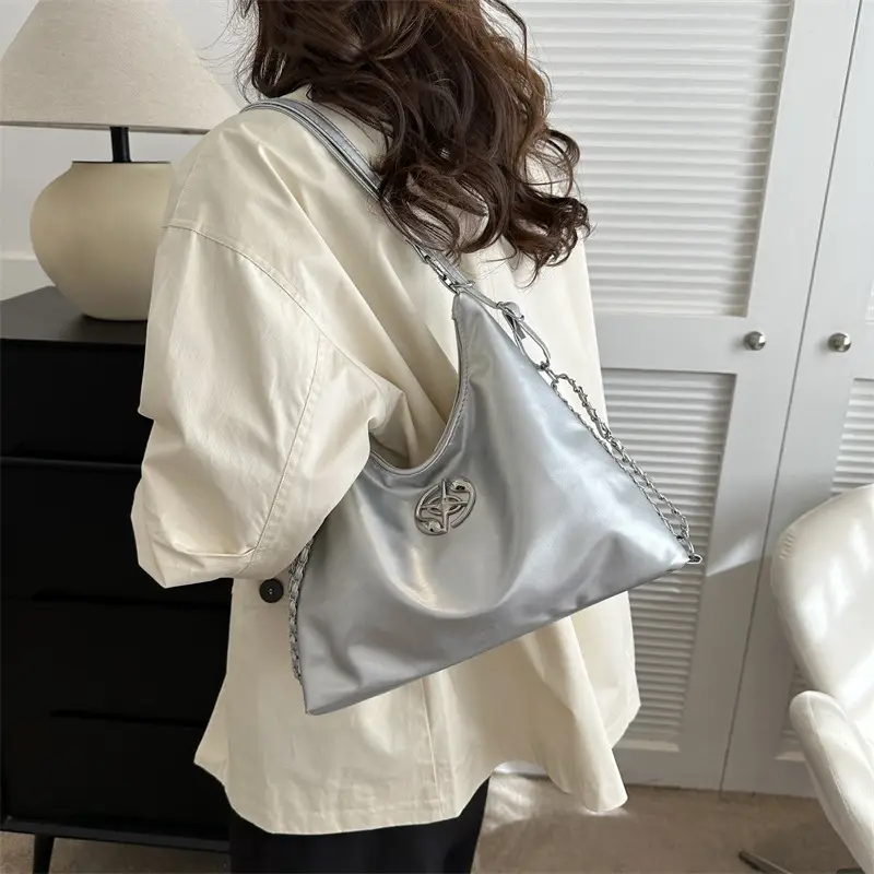 Women's Silver Shoulder Bag with Button Front 2023 Winter — feature 19