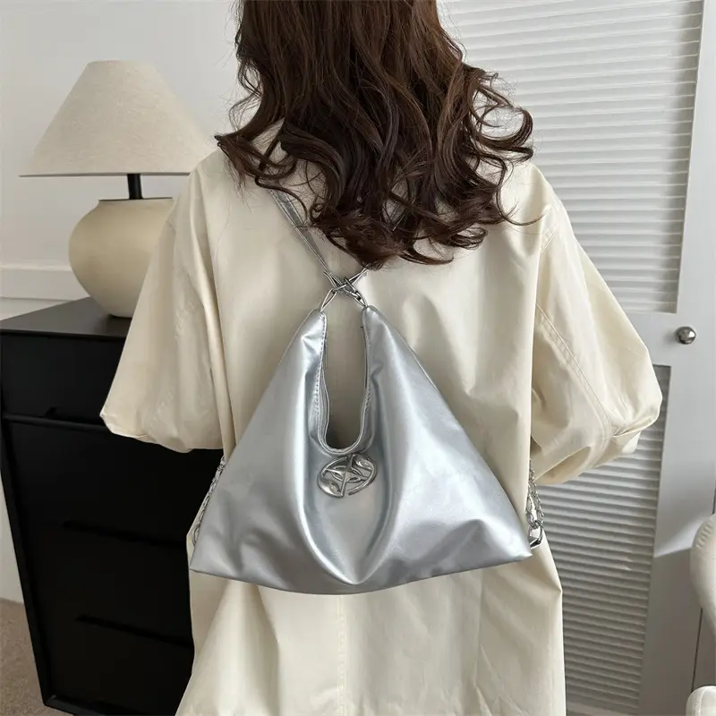 Women's Silver Shoulder Bag with Button Front 2023 Winter — feature 20