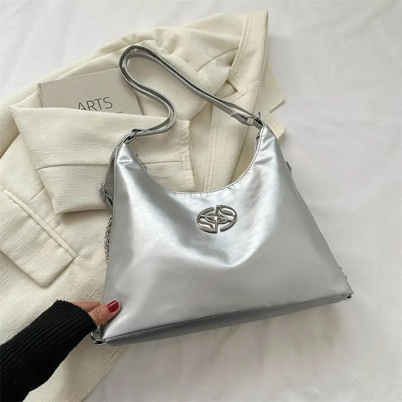 Women's Silver Shoulder Bag with Button Front 2023 Winter — feature 25