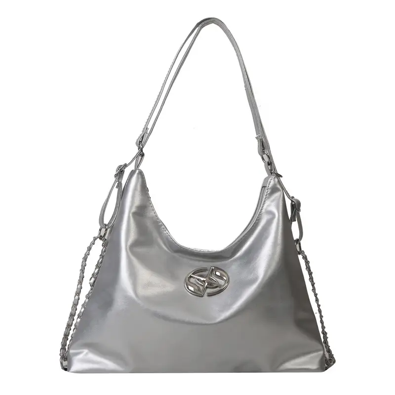Women's Silver Shoulder Bag with Button Front 2023 Winter - Image 2