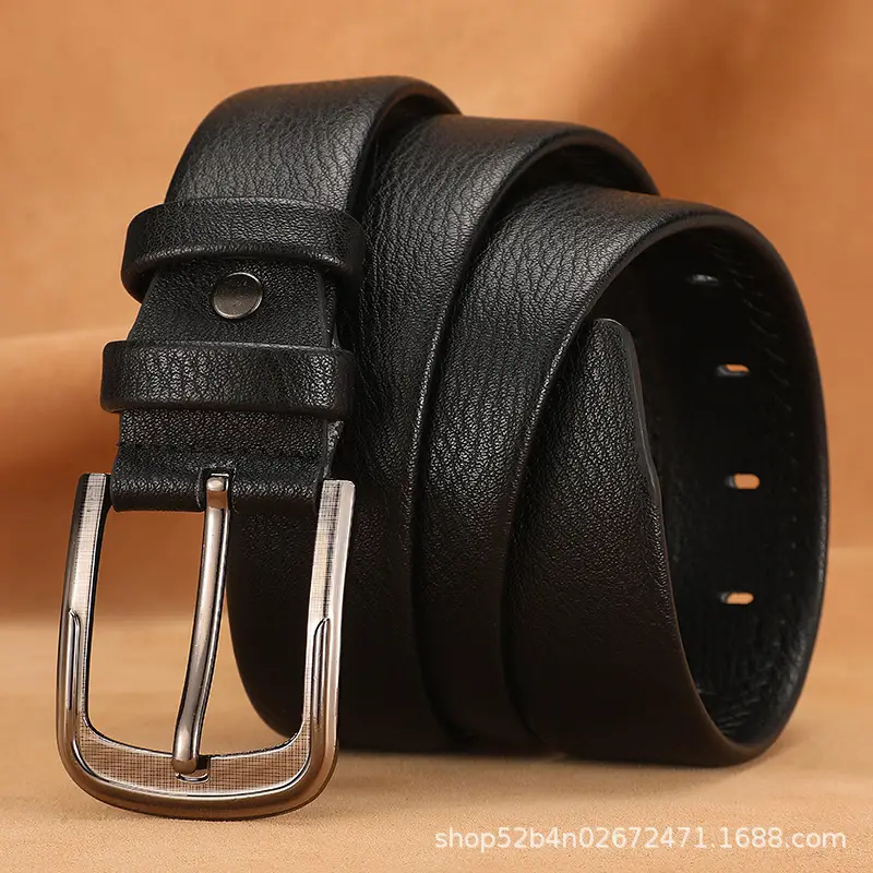 Men's Black Leather Belt with Silver Buckle