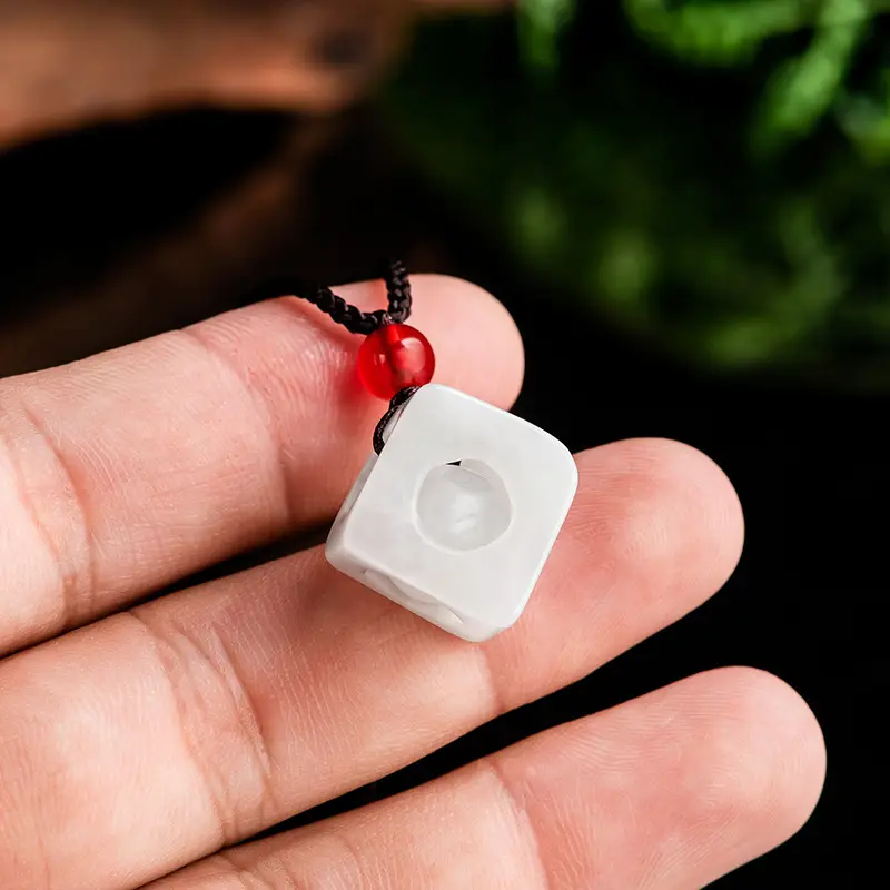 White Jade Flower Pendant with Red Stone - Image 3