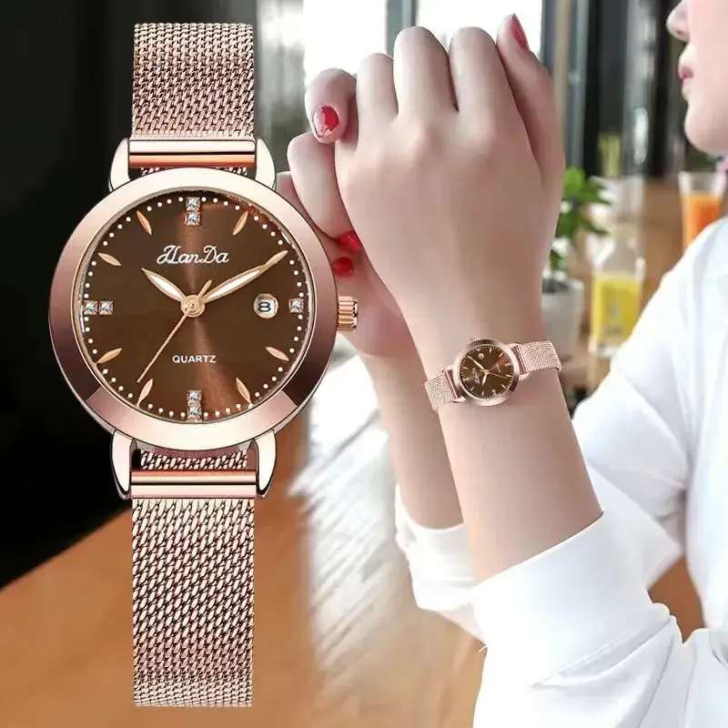 Women's Rose Gold Quartz Watch with Metle Strap - Image 7