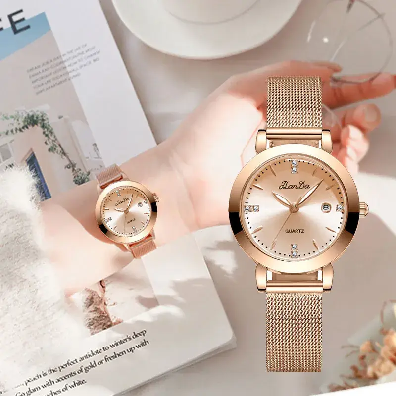 Women's Rose Gold Quartz Watch with Metle Strap - Image 9
