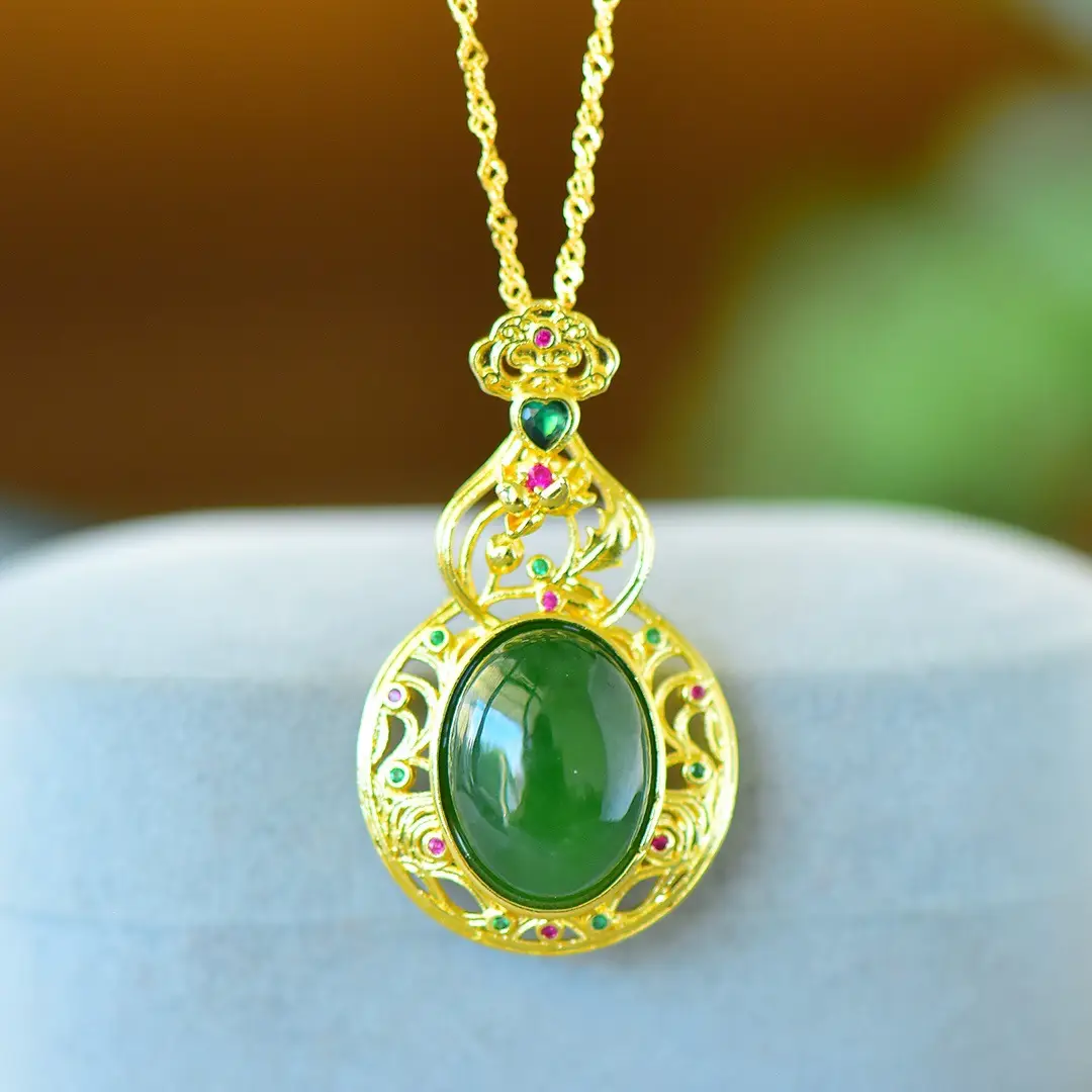Hetian Jade Jasper Pendant Gold Plated Green - Image 3