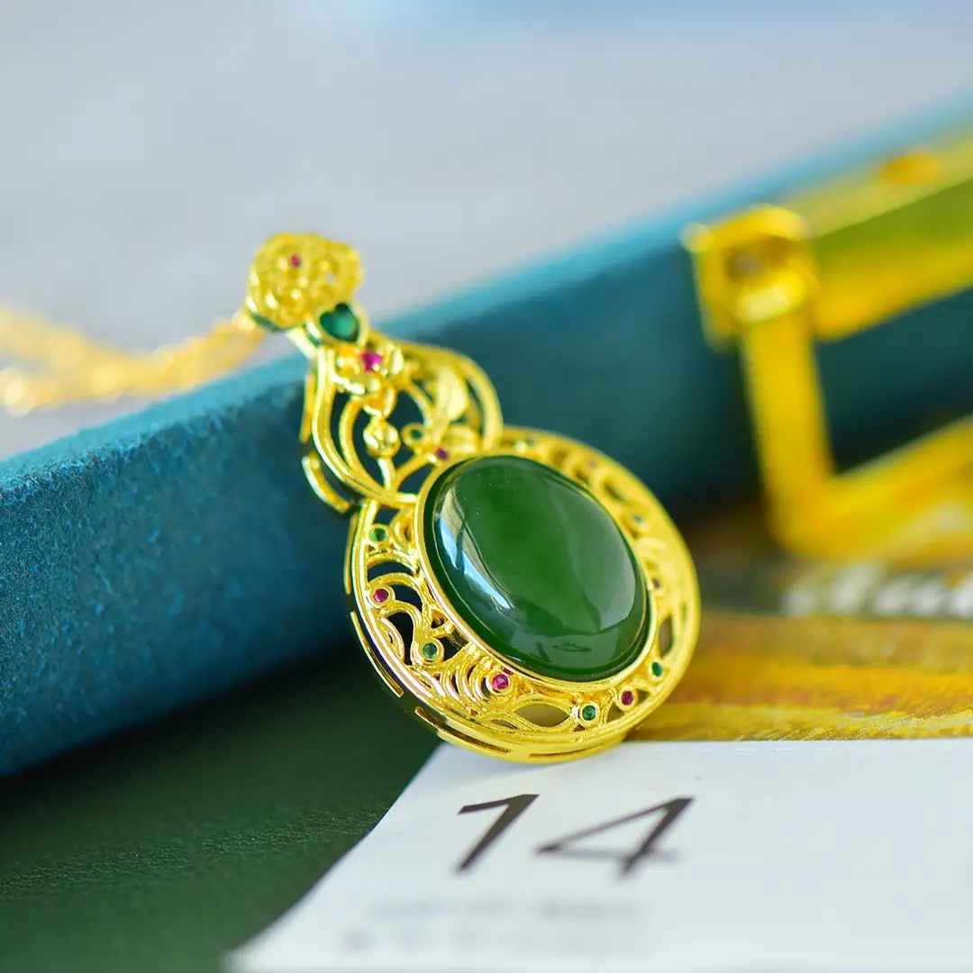 Hetian Jade Jasper Pendant Gold Plated Green - Image 4