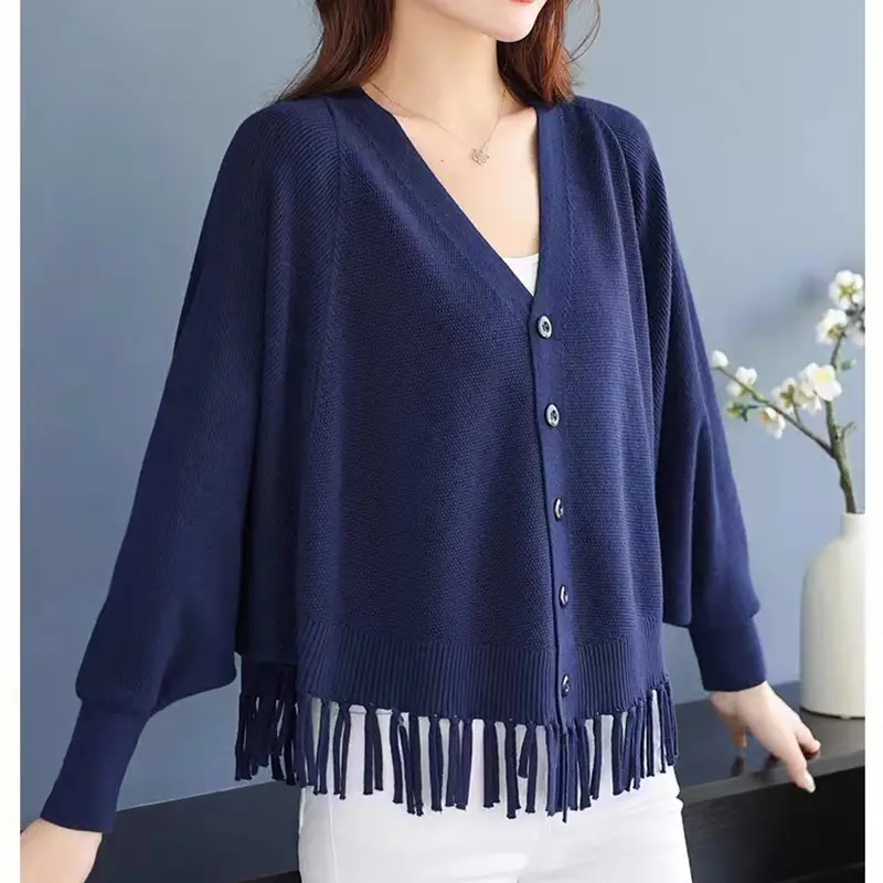 Women Green Tassel Knit Cardigan Jacket Bat Sleeve V-Neck - Image 4