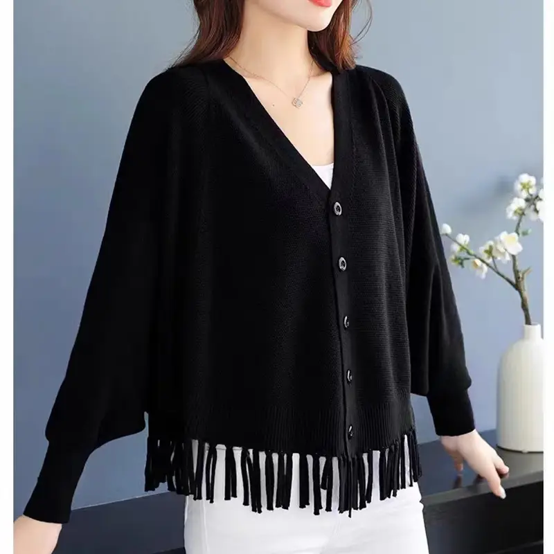 Women Green Tassel Knit Cardigan Jacket Bat Sleeve V-Neck - Image 5