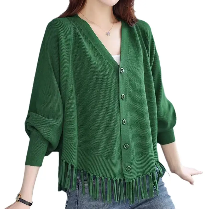 Women Green Tassel Knit Cardigan Jacket Bat Sleeve V-Neck - Image 9