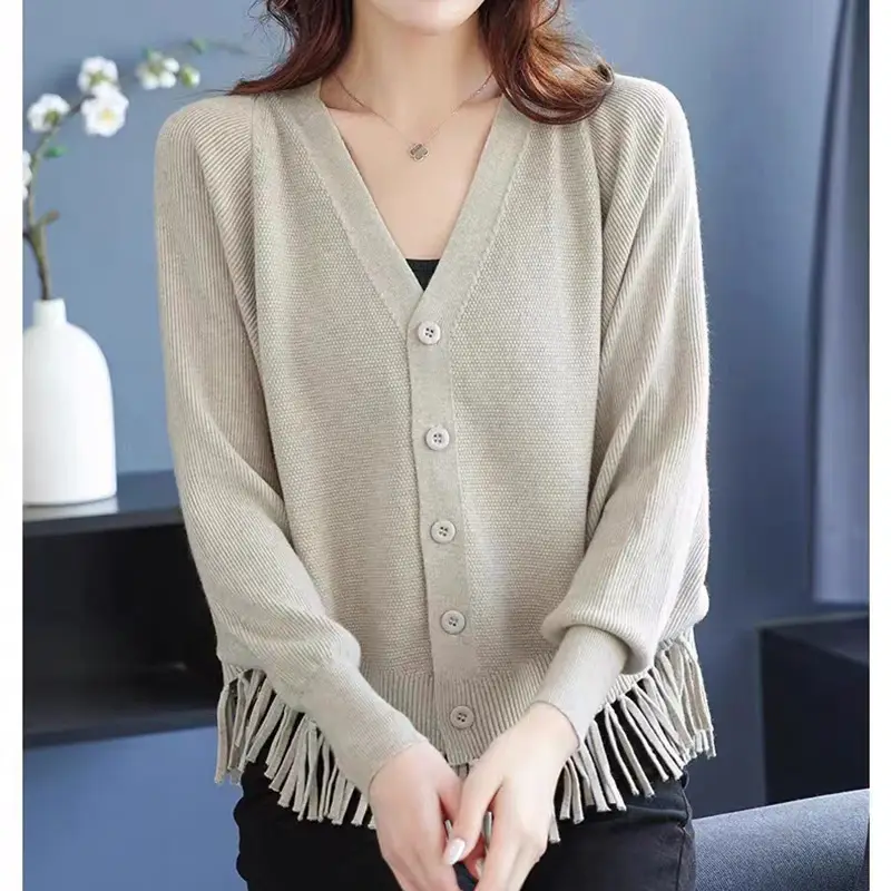 Women Green Tassel Knit Cardigan Jacket Bat Sleeve V-Neck - Image 2