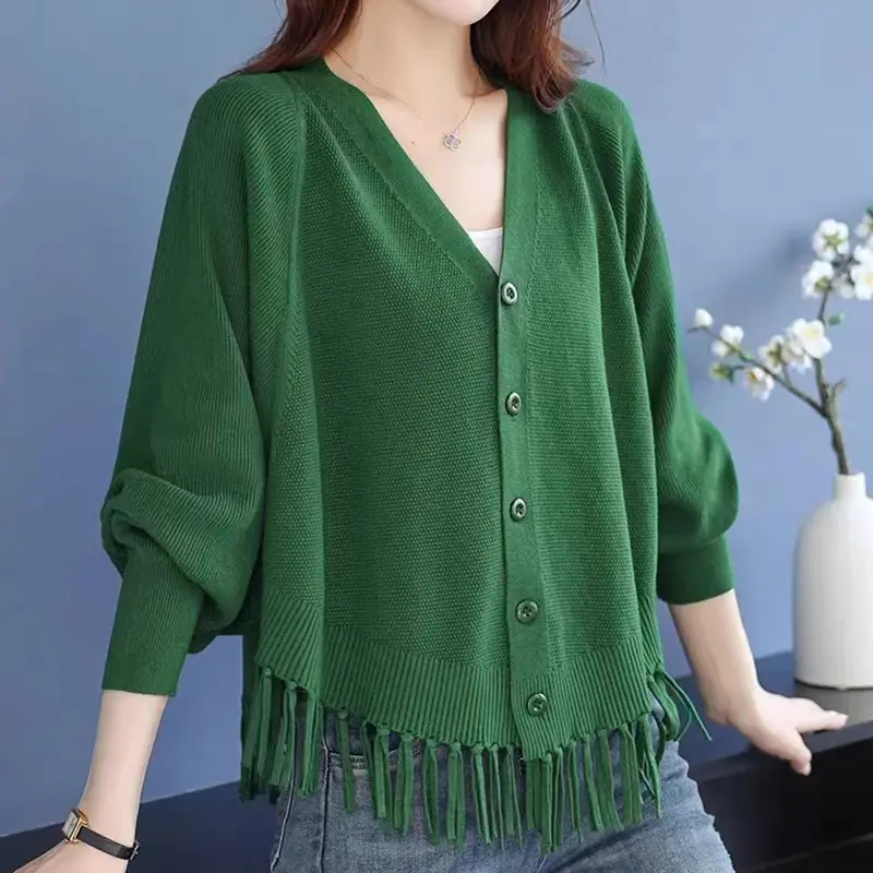 Women Green Tassel Knit Cardigan Jacket Bat Sleeve V-Neck - Image 3