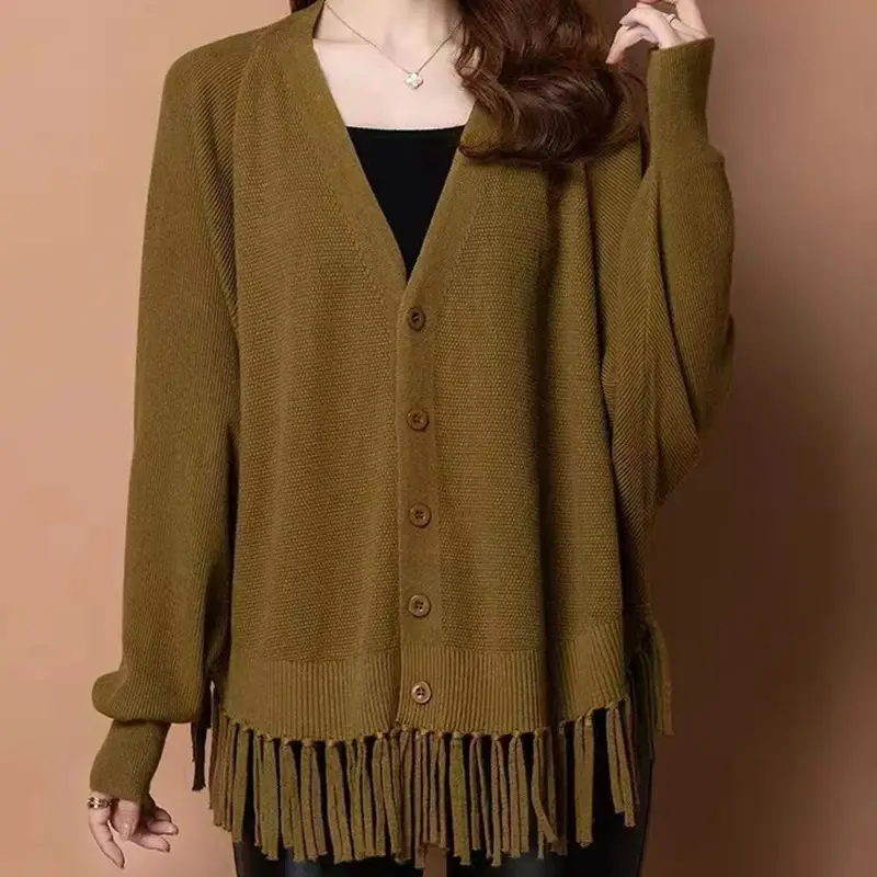 Women Green Tassel Knit Cardigan Jacket Bat Sleeve V-Neck - Image 7