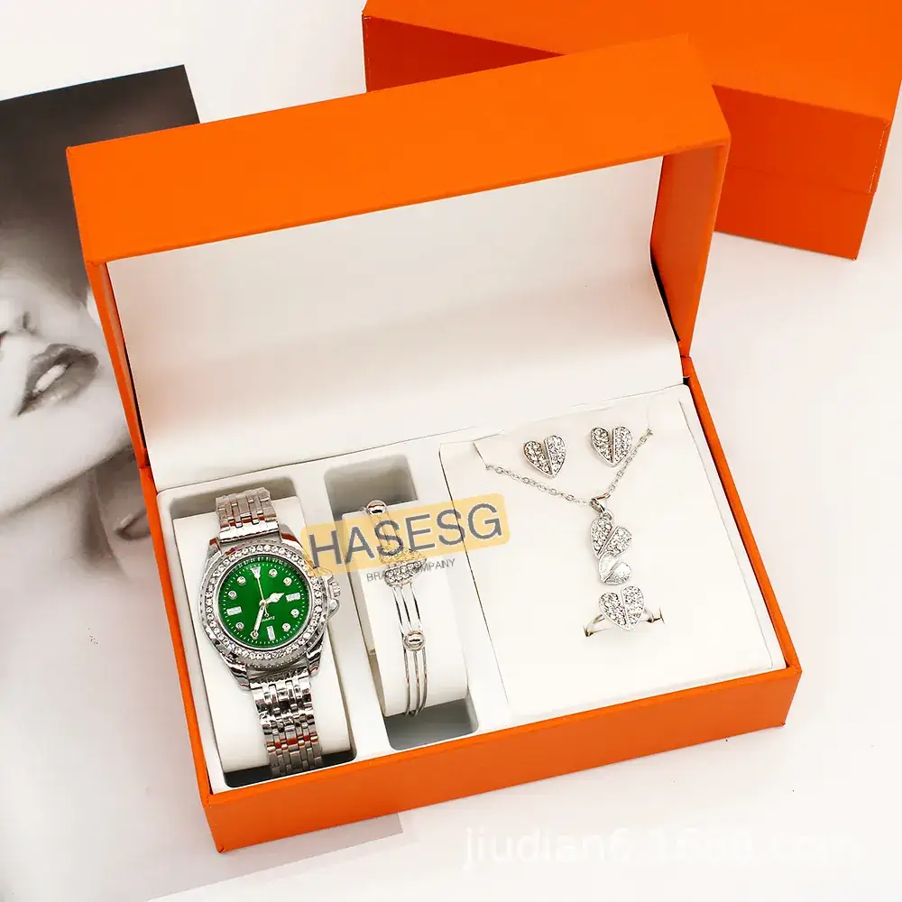 Women's Green Quartz Watch with Diamond Chain Necklace Set