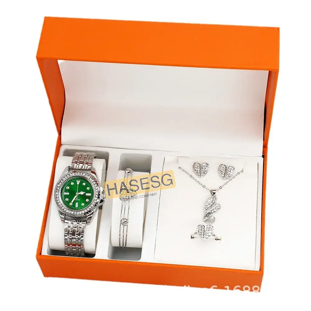 Women's Green Quartz Watch with Diamond Chain Necklace Set
