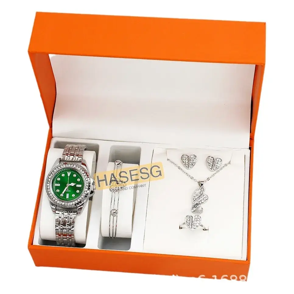 Women's Green Quartz Watch with Diamond Chain Necklace Set